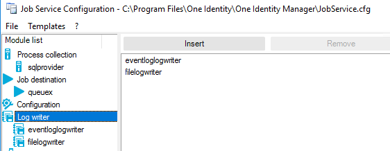 Job Service Configuration - Files\One Identity\One Identity Manager\JobService.cfg File Templates ? Module list Job destination Configuration Lo v.'ltter eventloglogwfiter filalogwfitar Insert eventloglogwfiter filalogwfit ar Re m,ove 
